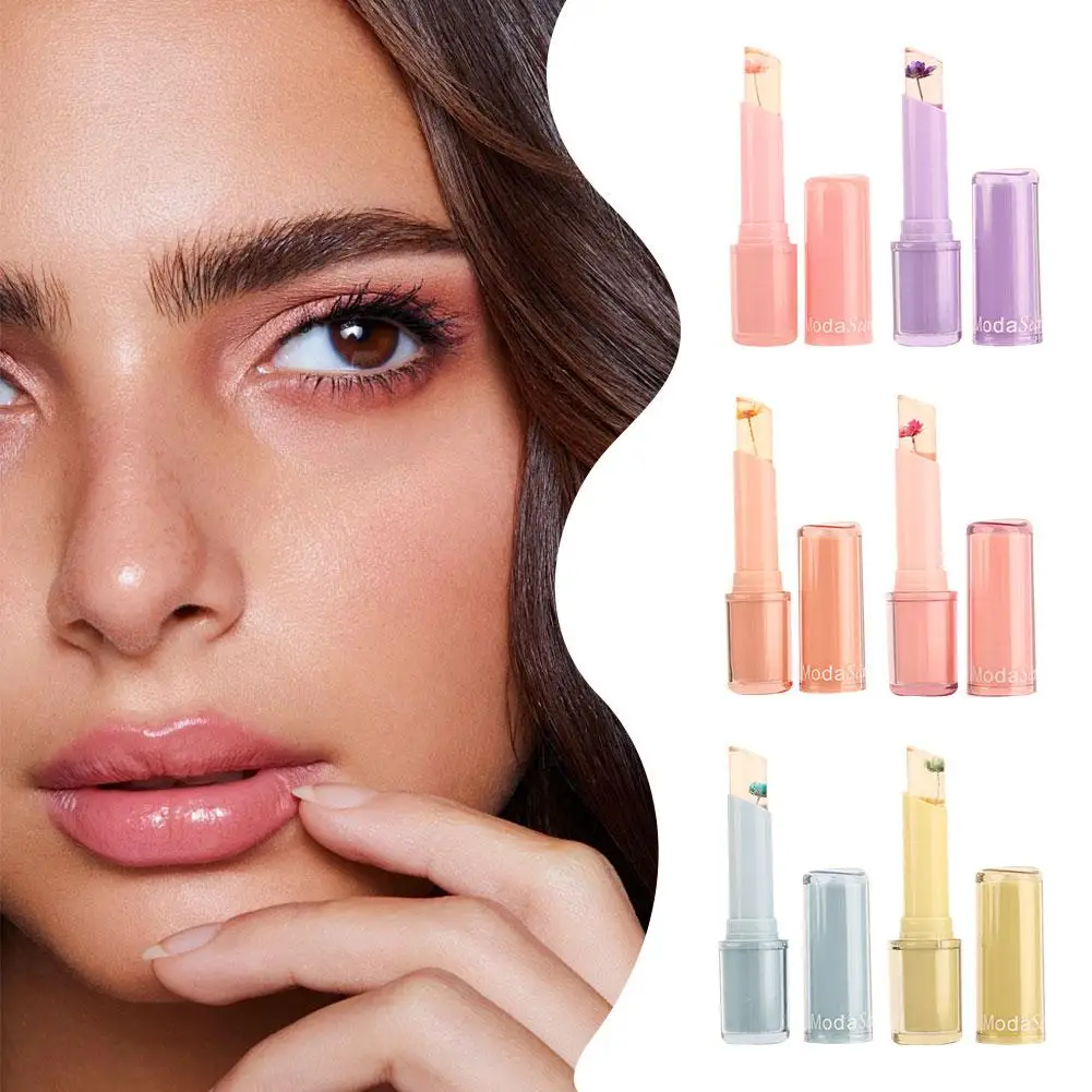 乾燥した花の色の変化リップスティック、保湿化粧品、透明な光沢のあるクリスタル、長いピンクのゼリーリップスティック、耐久性、q4j3、新しい