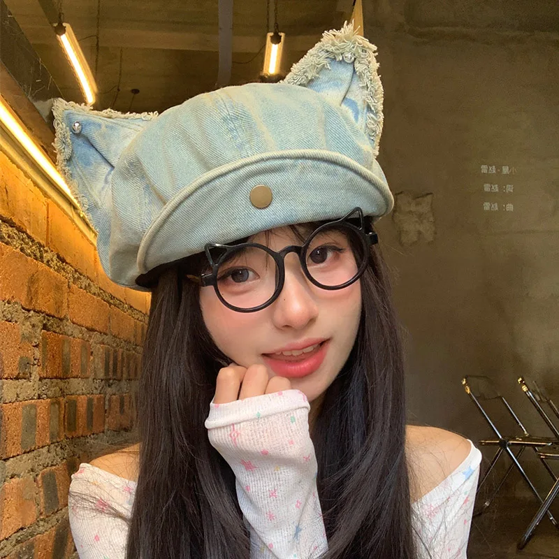 

Japanese Retro Oversized Denim Berets for Women Show Face Small Spring Autumn Travel Casual Versatile Cute Cat Ears Newsboy Hat
