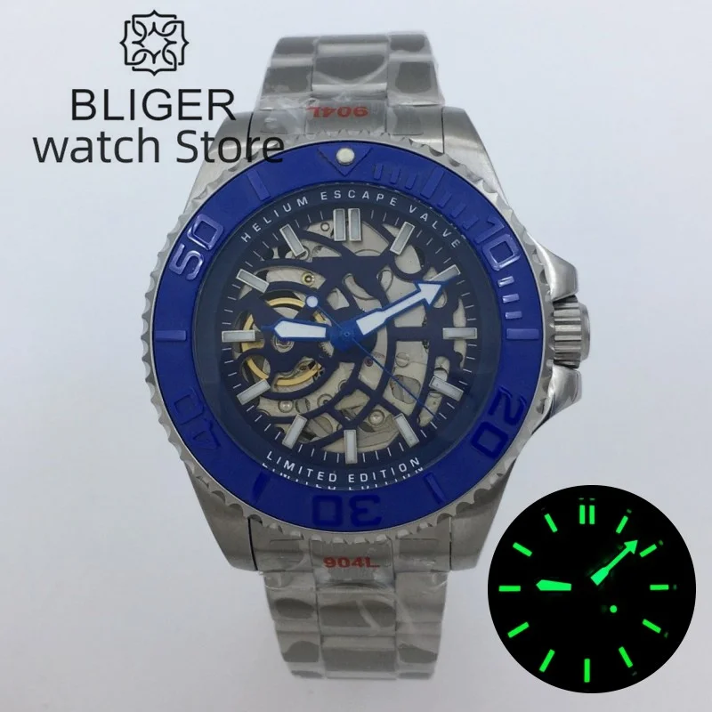 

BLIGER New Design 43mm Cutout Skeleton NH70 Luxury Mechanical Watch for Men 904L Bracelet Sapphire Glass blue diving Reloj Hombr