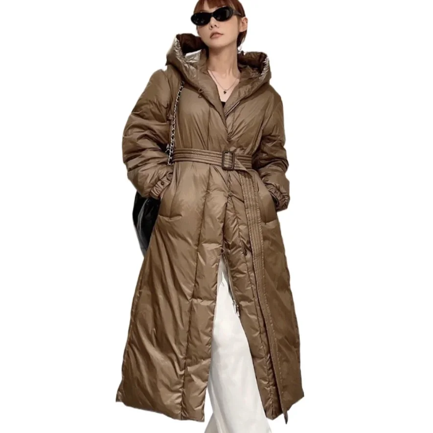 Winter Coats for Women 2024 Luxury Long with Belt Down Jacket Hooded Single Breasted Zipper Elastic Cuffs Clothes Slim Parkas