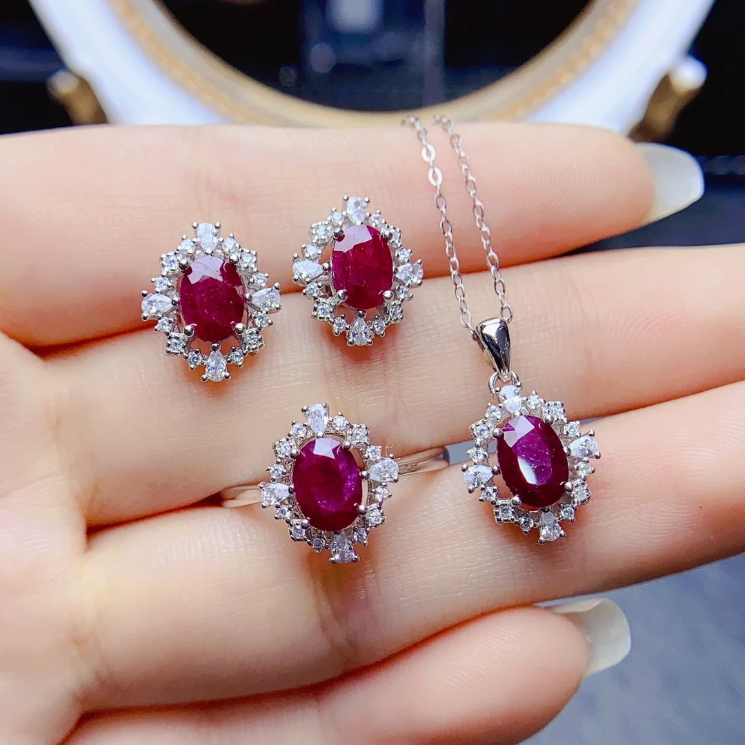 FS 5*7mm Natural Ruby Fine Jewelry Set Certificate for Women S925 Sterling Silver Ring Pendant Earrings 3-Piece Weddings MeiBaPJ