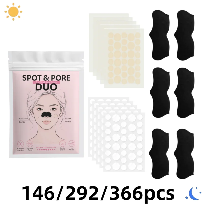 146/292/366Pcs Hydrocolloid Spot Patch & Black Nose Strip Set Invisible Blemish Stickers Assorted Sizes Day Night Face Care