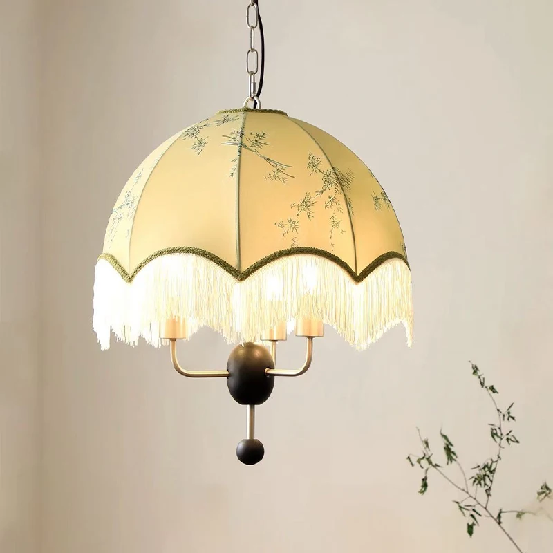 Medieval Style Retro Pattern Fabric Tassel E27 Pendant Lights Green Bedroom Hanging Lamp Lighting Decor Dining Room Chandelier