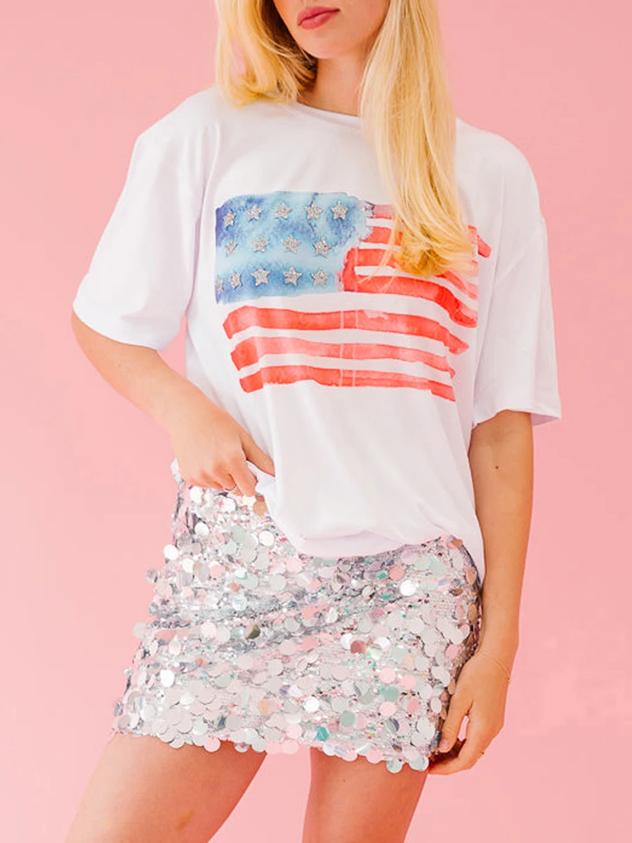 July 4th Shirts for Women Casual Short Sleeve Oversized American Flag Shirt Fourth of July Basic Going Out Tees Top