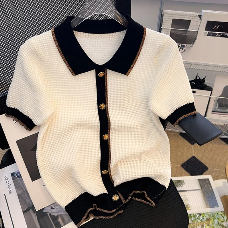 Knitted Thin T Shirt For Women Contrast Color Korean Fashion Chic Retro Ropa De Mujer Spring Summer Elegant Camisetas