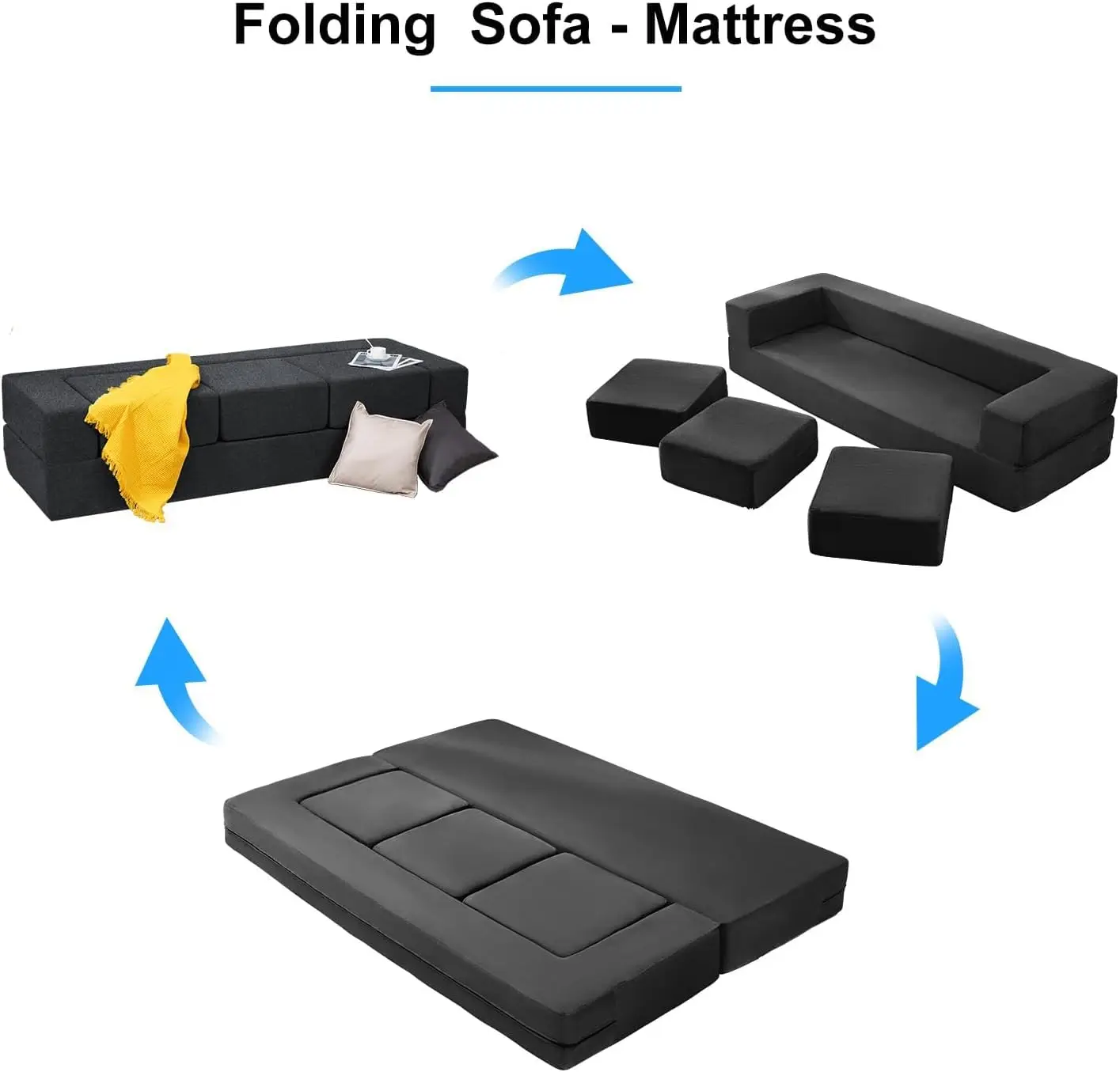 Folding Sofa Bed, Velvet Convertible Floor Sleeper Sofa with 3 Ottomans, Upholstered 2-in-1 Fold Out Couch Bed