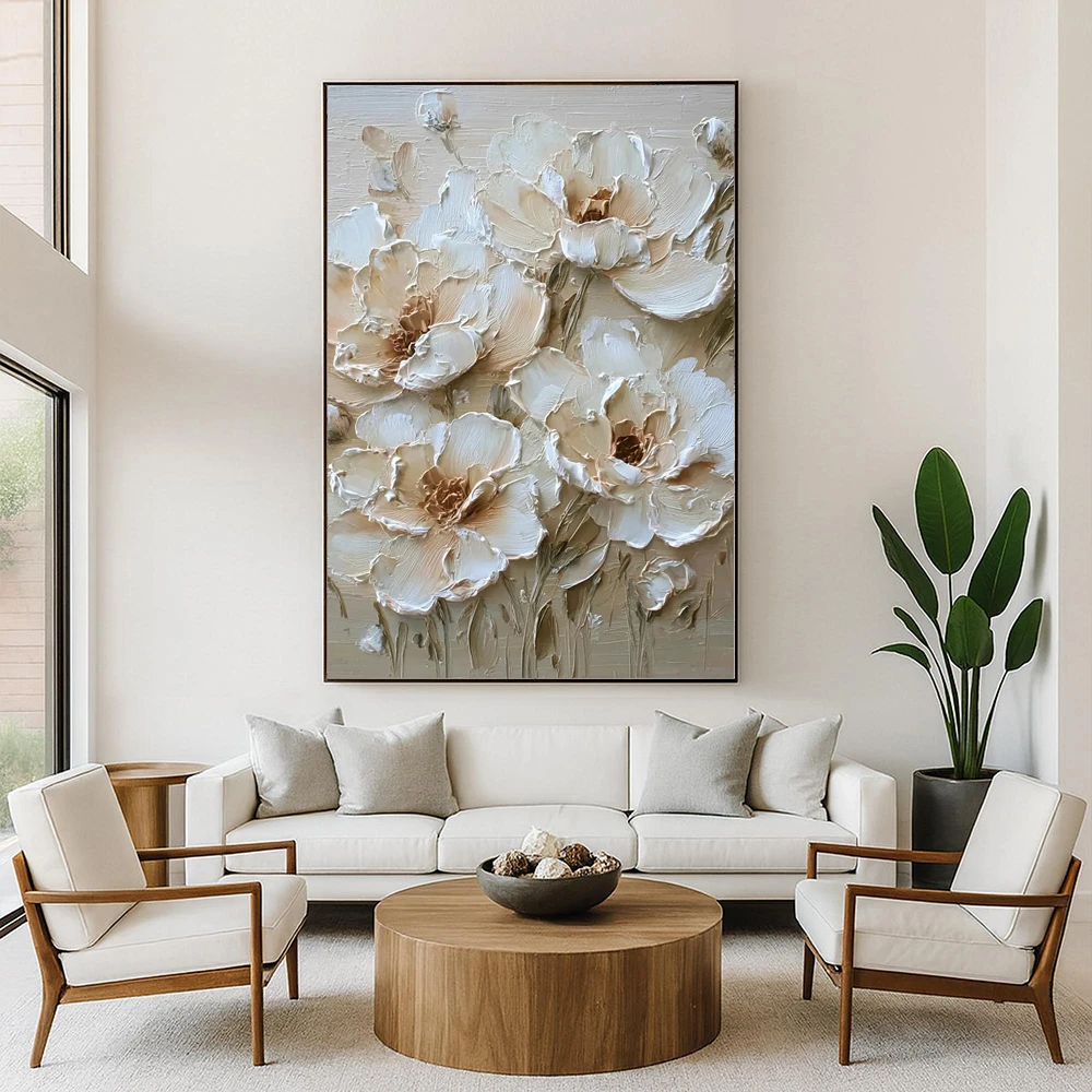 Neutral Textured Floral Wall Art Cream White Peony Painting on Canvas, Modern Boho Botanical Beige Art Living room Wall Art, No