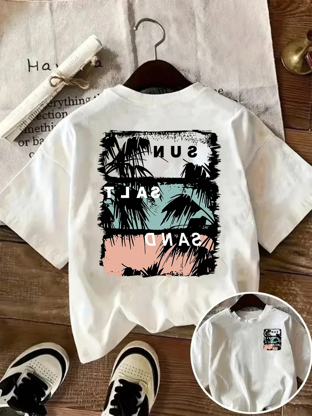 Sun Salt Sand Graphic Tee Summer Beach Vacation T-shirt Tropical Palm Tree Print Top Casual Short Sleeve Fashion Streetwear