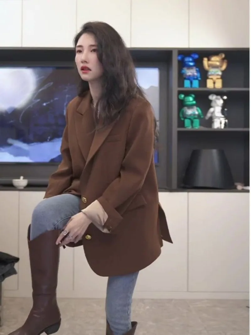 Women's Coffee Color Jacket, Sense of Luxury Blazer, Simple Temperament, Korean Version, Spring and Autumn Fashion, Leisure