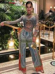 Weird Puss Dollar Print Women 2 Piece Set Sexy See Through Skinny Crop Top+Straight Wide Leg Pants Mesh Vacation Matching Outfit