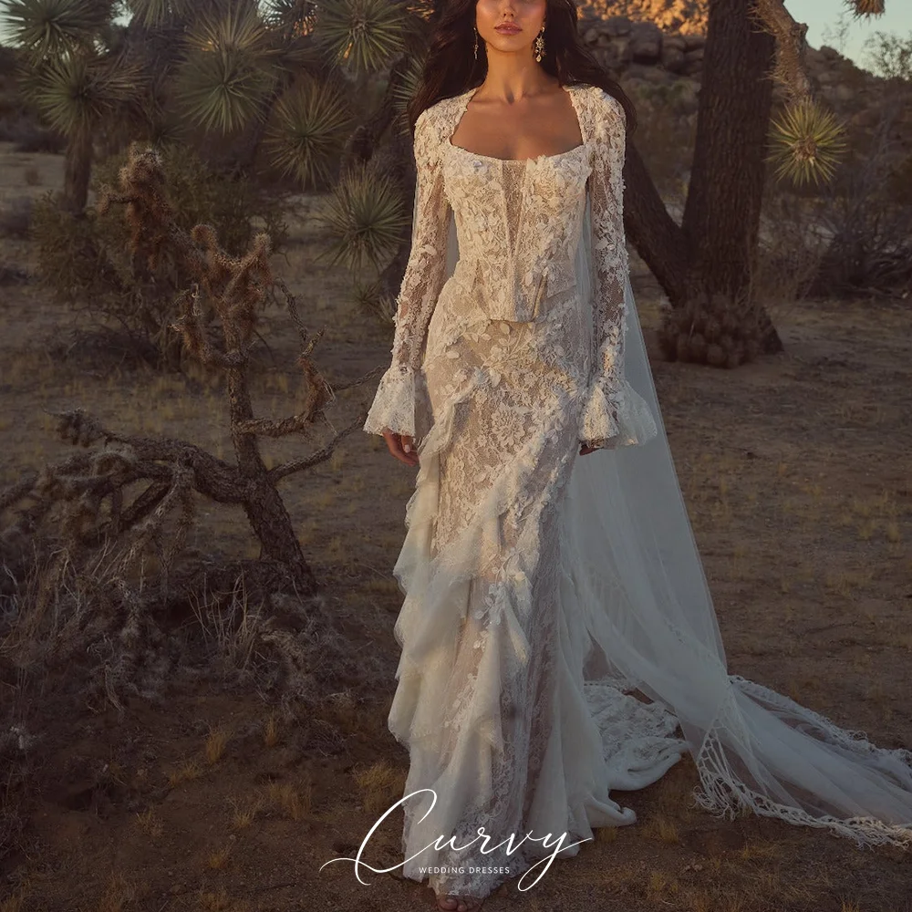 Curvy Romantic Boho Square Neck Full Long Flare Bell Sleeve Layer Ruffle Wedding Dresses for Women Outdoor Garden Wedding 2026