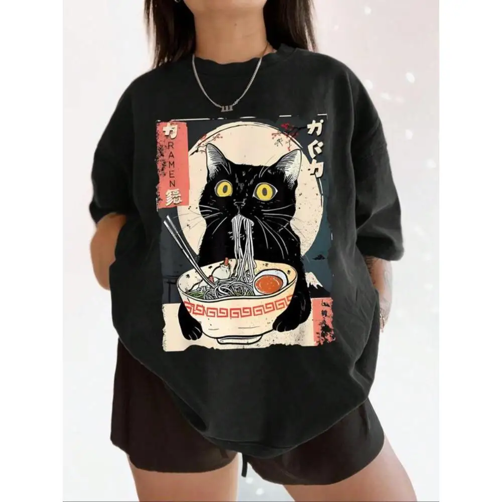

Funny Black Cat Ramen T-Shirt - Japanese Noodle Eating Graphic Tee, Retro Ukiyo-e Anime Foodie Gift for Women, Cute Casual Top