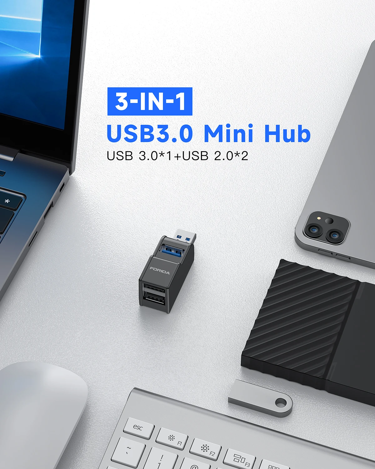 Getatek USB 3.0 HUB Adapter Extender Mini Splitter Box 1 bis 3 Ports High Speed USB 2.0 für PC Laptop U Disk Kartenleser