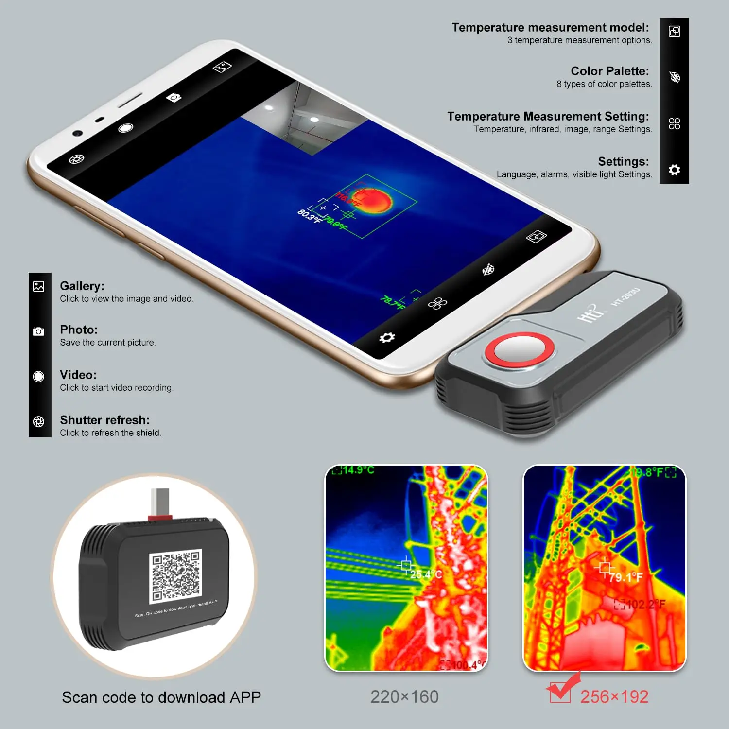 HTI HT-203U 256*192 Pixels Câmera Térmica USB Tipo-C -20 ° C~550 ° C Android tipo C termovisor infravermelho para celular