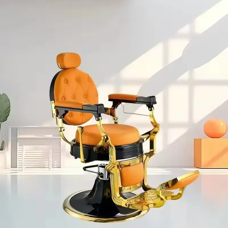 Vintage Gold Hydraulic Barber Chair Reclining Orange PU Leather Barbershop Styling Hair Cutting Chair Professional