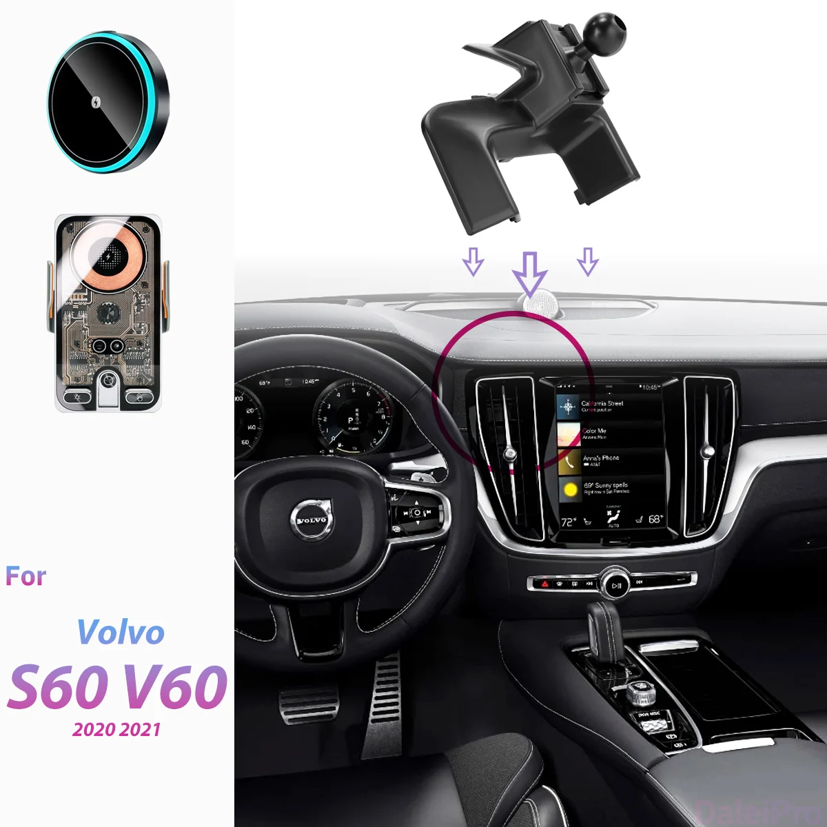 Für Volvo S60 V60 2020-2021 Auto-Handyhalterung mit Kabelloser Ladestation und Automatischer Klemmung, Starker Magnetischer Halter mit Basis
