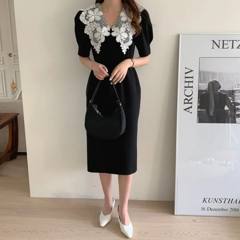 Neploe Vintage Embroidery Lapel Neck Dresses Slim Waist Mid-length Dress for Women Spring New Puff Sleeve Vestidos Mujer