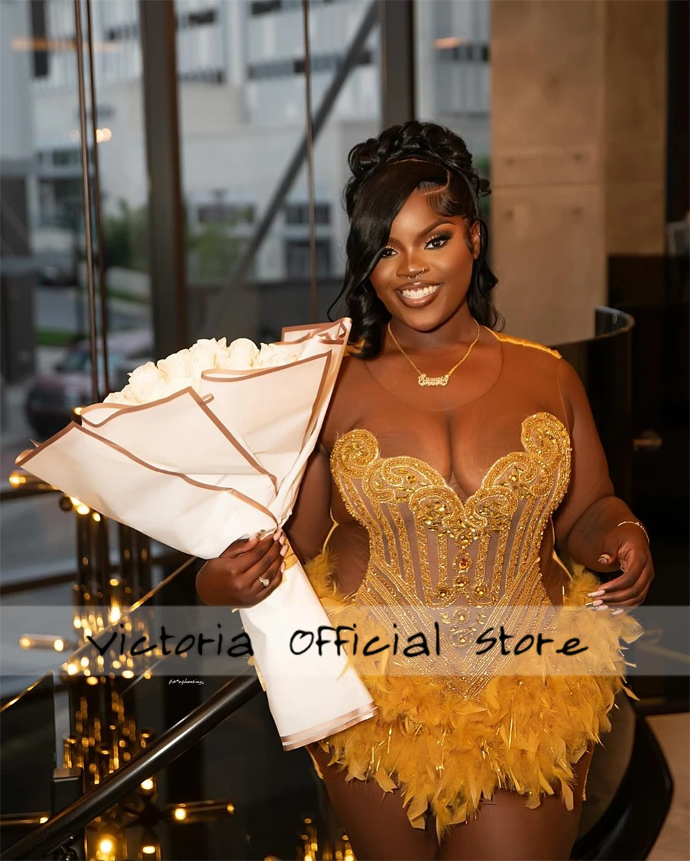 Gold Birthday Prom Dress Beaded Rhinestones Feathers Homecoming Dresses Black Girls Mermaid Mini Cocktail Gowns Customized