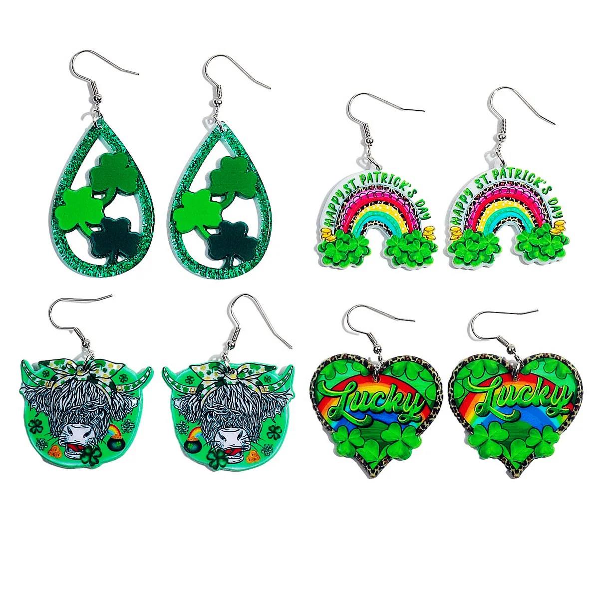 Saint Patrick's Day Green Lucky Leaf Acrylic Drop Earrings New Cartoon Heart Arch Bridge Dangle Earring Oktoberfest Jewelry Gift