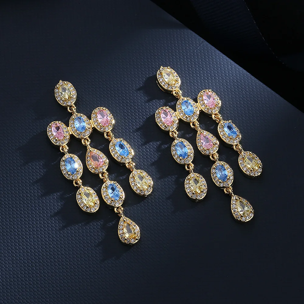 S925 الفضة الفاخرة مايكرو مجموعة الزركون رائعة الملونة الزركون كبار الأقراط الطويلة السيدات حفلة عيد ميلاد مجوهرات هدية