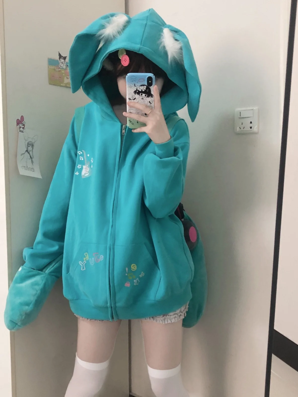 Women's Sweet Anime Print Rabbit Ears Hooded Hoodies Loose Kawaii Cardigan Japanese Jacket Original Design Autumn and Winter