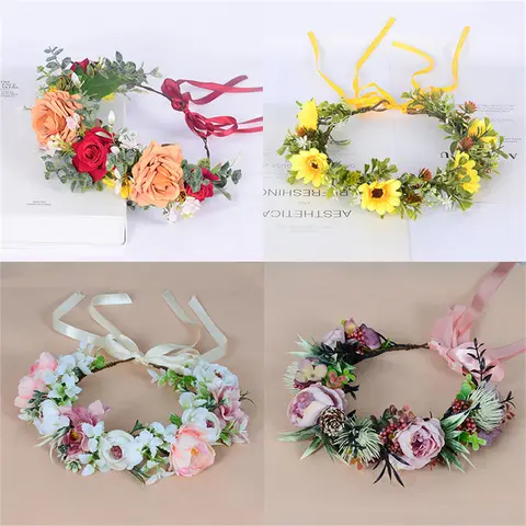 Women Flower Crown Artificial Silk Flower Wreath Romantic Bride Wedding Floral Headband Garland Bohemian Girl Hair Accessories