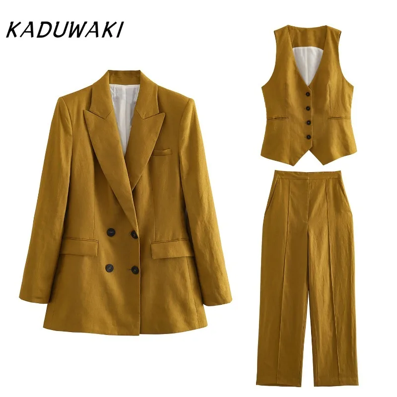 

KADUWAKI Chic Retro Lapel Double-breasted Suit Coats Casual Undershirt Loose Straight Pants Fall Commuter Set أطقم نسائية قطعتين