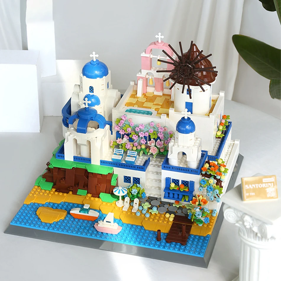MOC World Famous Architecture Santorini Thera Model Building Blocks Aegean Sea Greek Island Construction Bricks Toys Kids Gifts