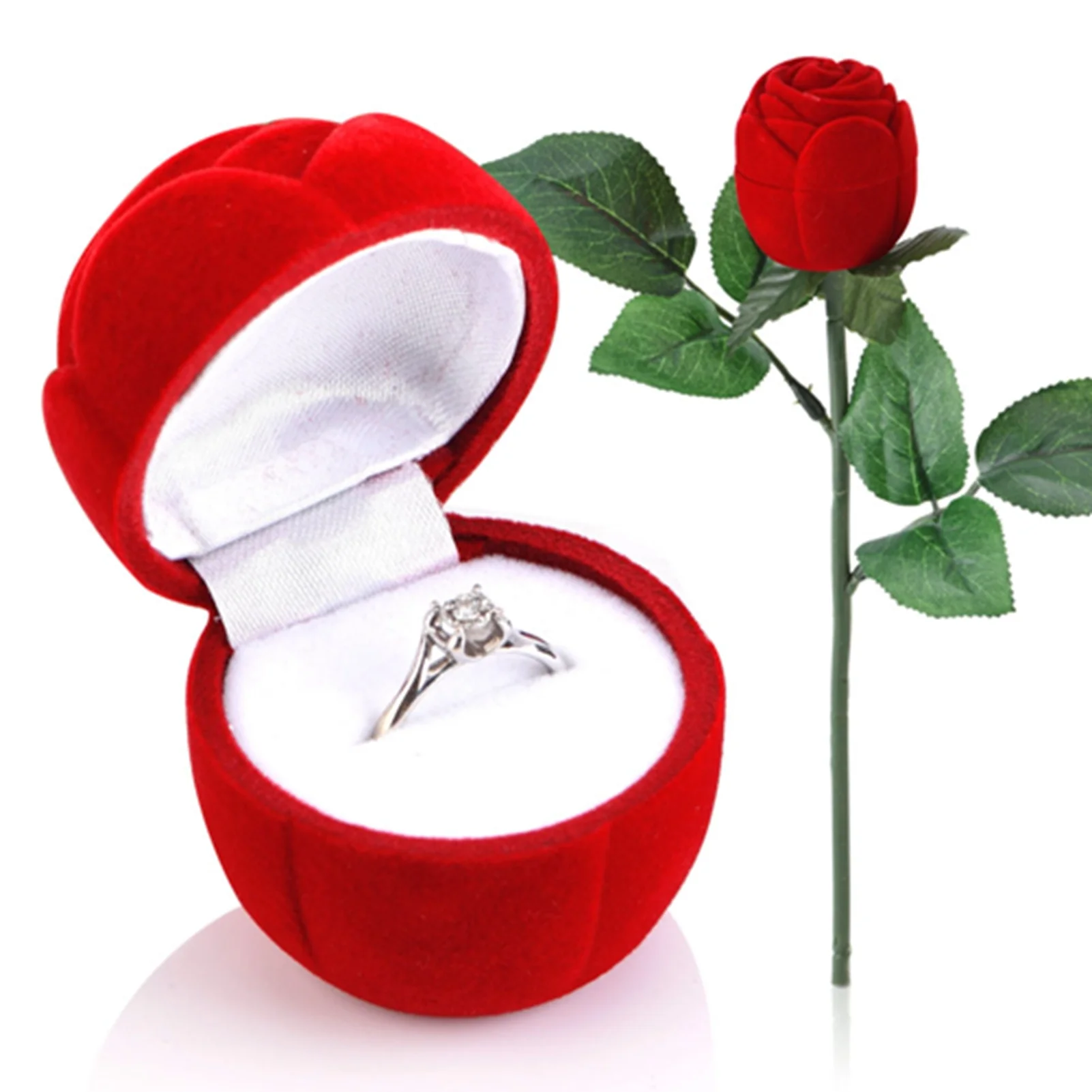 Red Rose Shape Ring Box Valentine's Day Jewelry Earring Romantic Proposal Ring Case