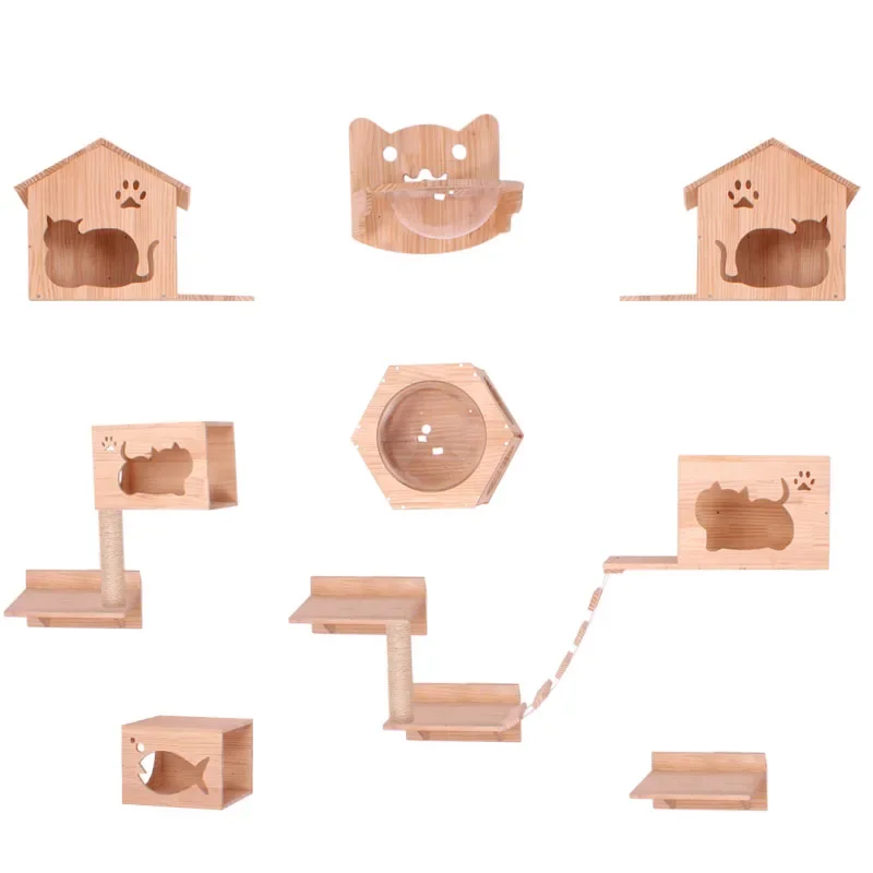 Space Saving Wall Mounted Cat Climbing Pole, Solid Wood Cat Wall Jump Platform Hanging Cat Nest for Kitty Play