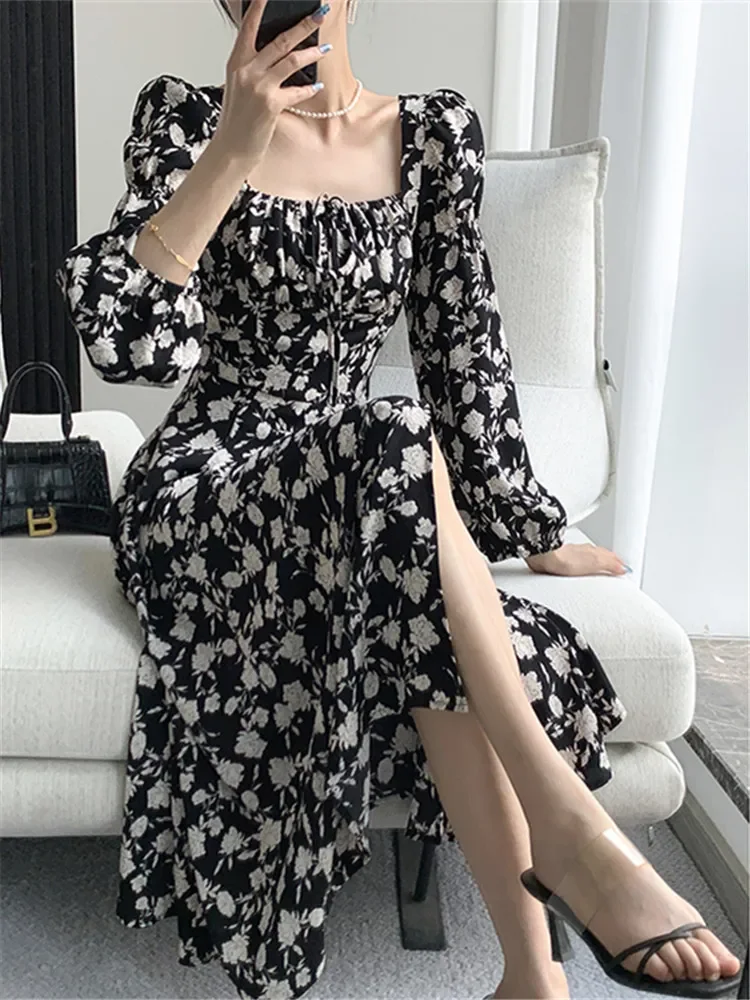 2024 New Split Women Boho Dress Casual Long Sleeve Floral Printed Dresses Mujer Vestidos Spring Summer Square Collar Midi Dress