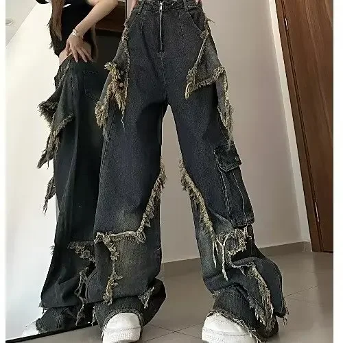 American retro star jeans women's autumn and winter niche design sense rough edge high street straight loose wide-leg trousers