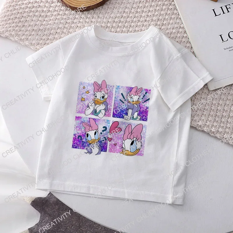 Disney T-shirt anak-anak untuk anak perempuan pakaian Daisy Minnie Mickey Kawaii kaus kartun musim panas kasual anak laki-laki atasan lengan pendek