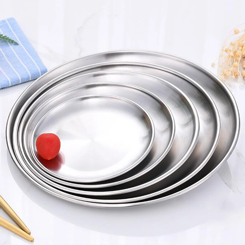 

Barbecue Tray Cake Home Restaurant Plate Fried Round Serving Platter Dish Stainless Steel Kitchen