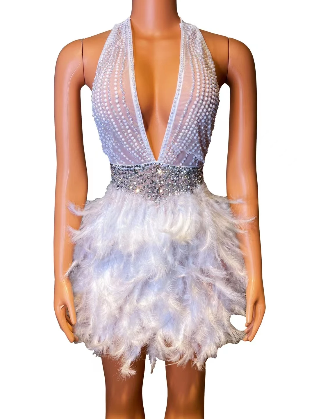 

Sexy Sparkly Rhinestones Deep V Neck HalterFeather Dress Transparent Celebrate EveningProm Birthday Dress Women Club CostumeA050