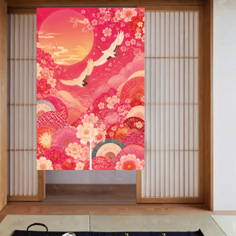 VIKAMA Japanese-Style Crane and Cherry Blossom Japanese Style Half Door Curtain, Noren Curtain for Kitchen Bedroom Entrance,