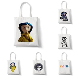 Coraline Prints Hopping Bag Shopper Bags Tote Canvas Bag Reusable Large Capacity Kawaii Women Casual Shoulder Bag Handbag