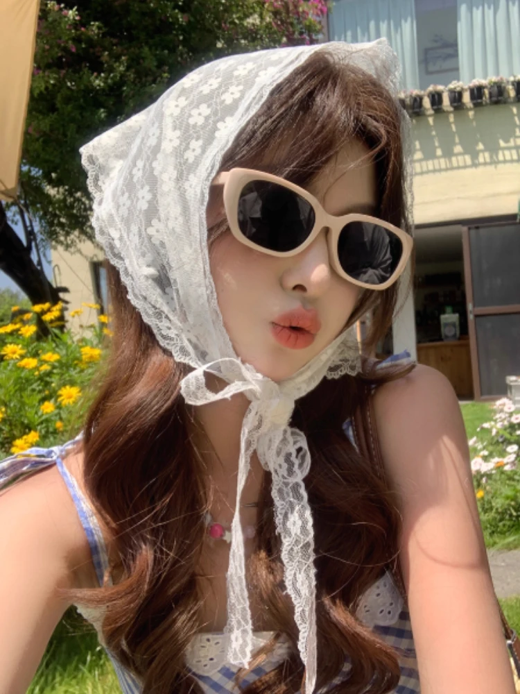 

Женский головной убор в пасторальном стиле с милым цветочным узором, белый кружевной треугольный шарф для волос, весна/лето, дышащий головной платок из тонкой сетки