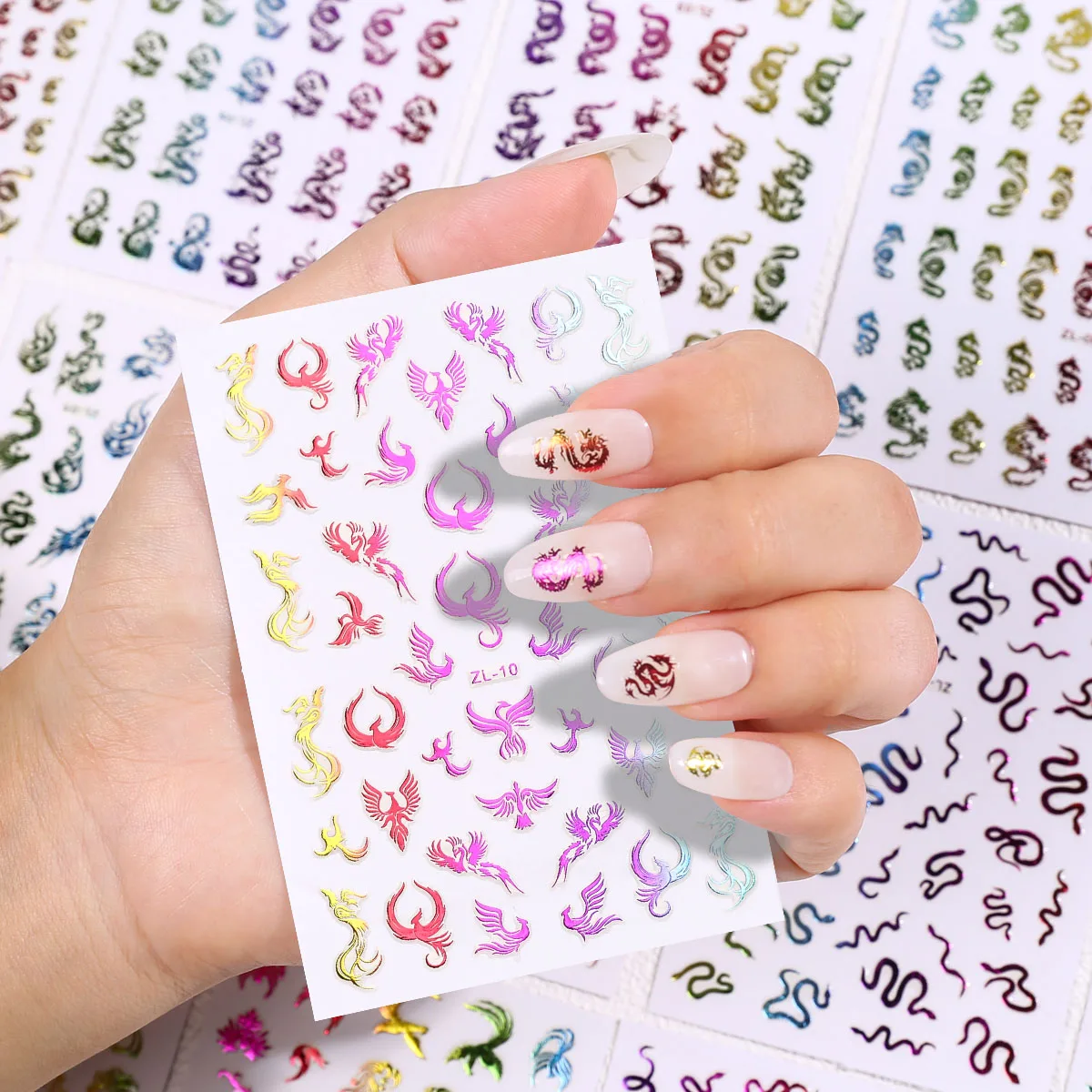 3 szt. Nowe luksusowe naklejki na paznokcie 3D z chińskim smokiem, kawaii różowo-niebieskie brokatowe samoprzylepne naklejki transferowe do zdobienia paznokci