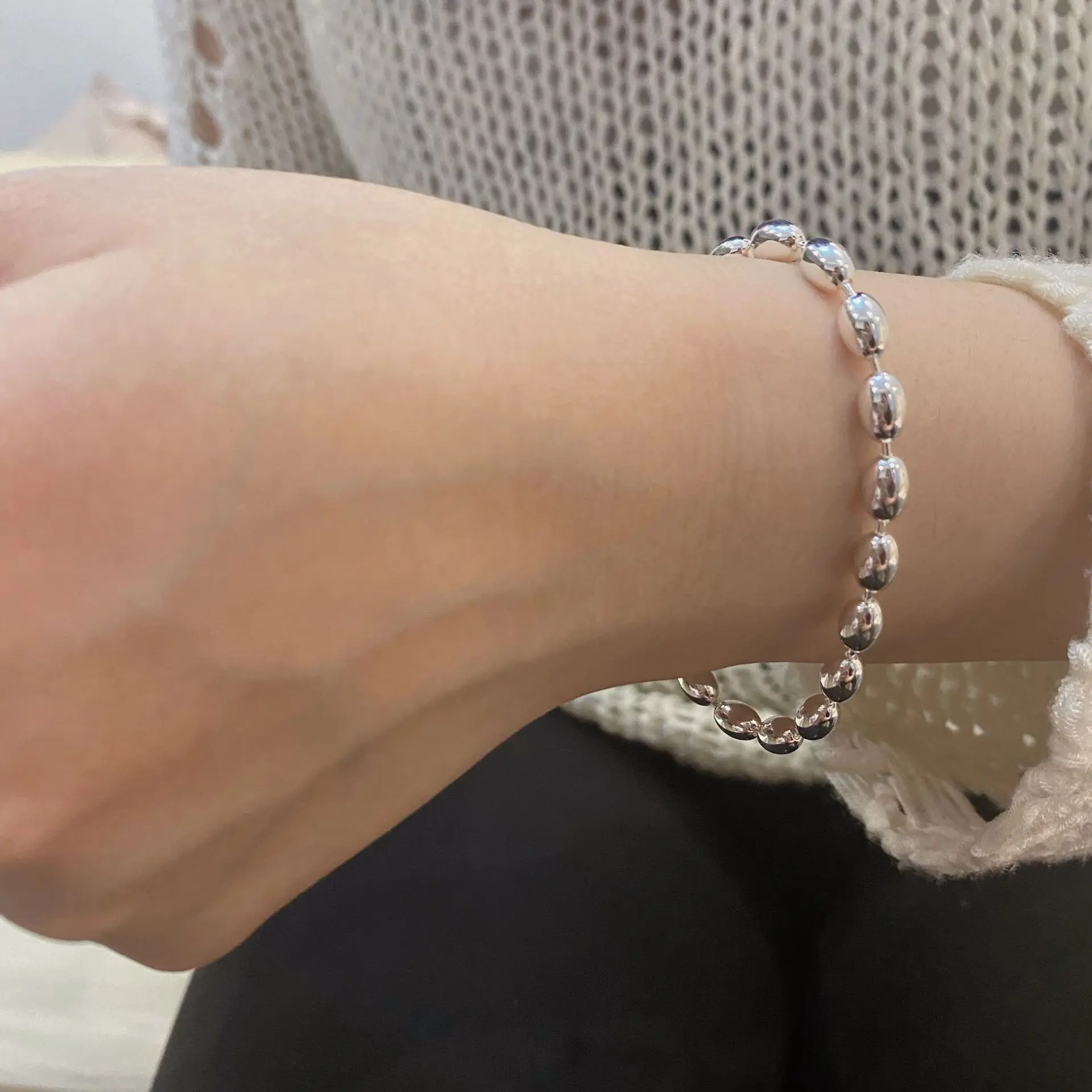 

S925 Sterling Silver Simple Large Olive Bead Bracelet Versatile Rice Bead Bracelet with High Grade and Thick Feel