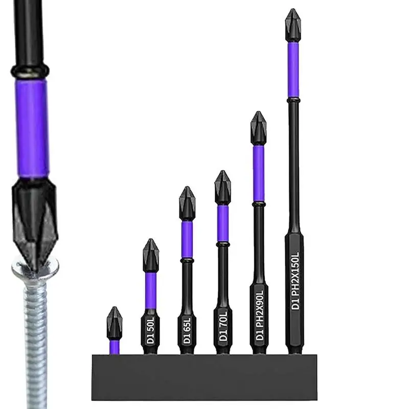 New 6pcs Magnetic Batch Head Impact Strong Cross PH2 High Hardness Screwdriver Set 60/70/90mm Anti Non-slip WaterProof Bits Set