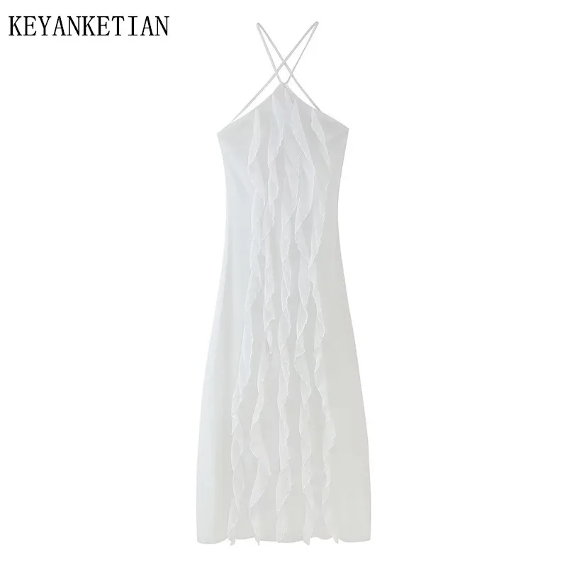 

KEYANKETIAN Summer New Holiday wind Tiered Ruffles Decoration Halter MIDI Dresses Women's Sexy Backless A Line Fairy Slip Dress