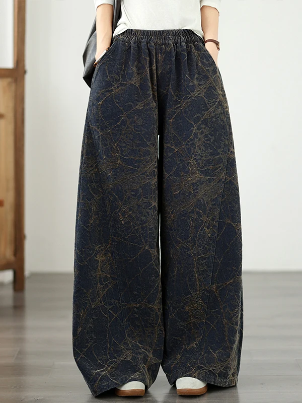 Retro Embossed Flocking Denim Wide Leg Pants Women's Loose plus Size Elastic Slimming Casual Trousers High Waist Cotton Polye...