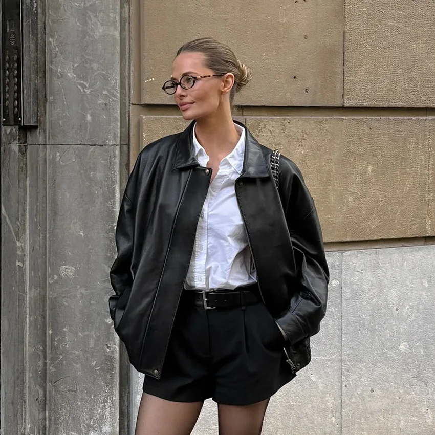 

Классическая осенне-зимняя черная матовая кожаная свободная куртка с лацканами и длинными рукавами, модная повседневная верхняя женская одежда в европейском стиле