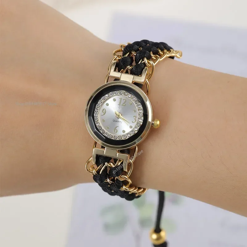 المرأة الحياكة حبل سلسلة لف التناظرية حركة الكوارتز ساعة معصم عصرية أسلوب بسيط كوارتز ساعة اليد Reloj Mujer