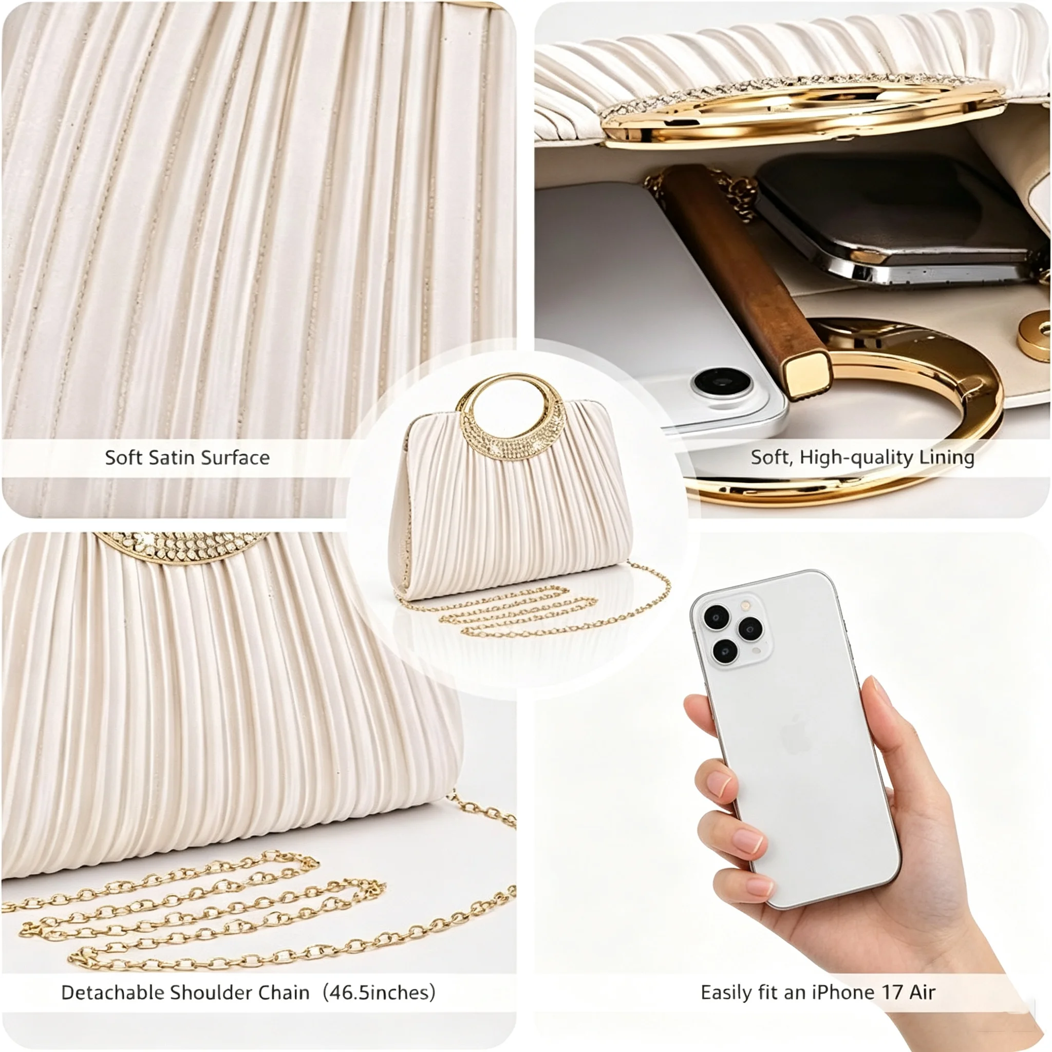Women Pleated Evening Bag Rhinestone Metal Ring Handle Clutch Purse Removable Chain Shoulder Crossbody Handbag For Wedding Party Prom view 6