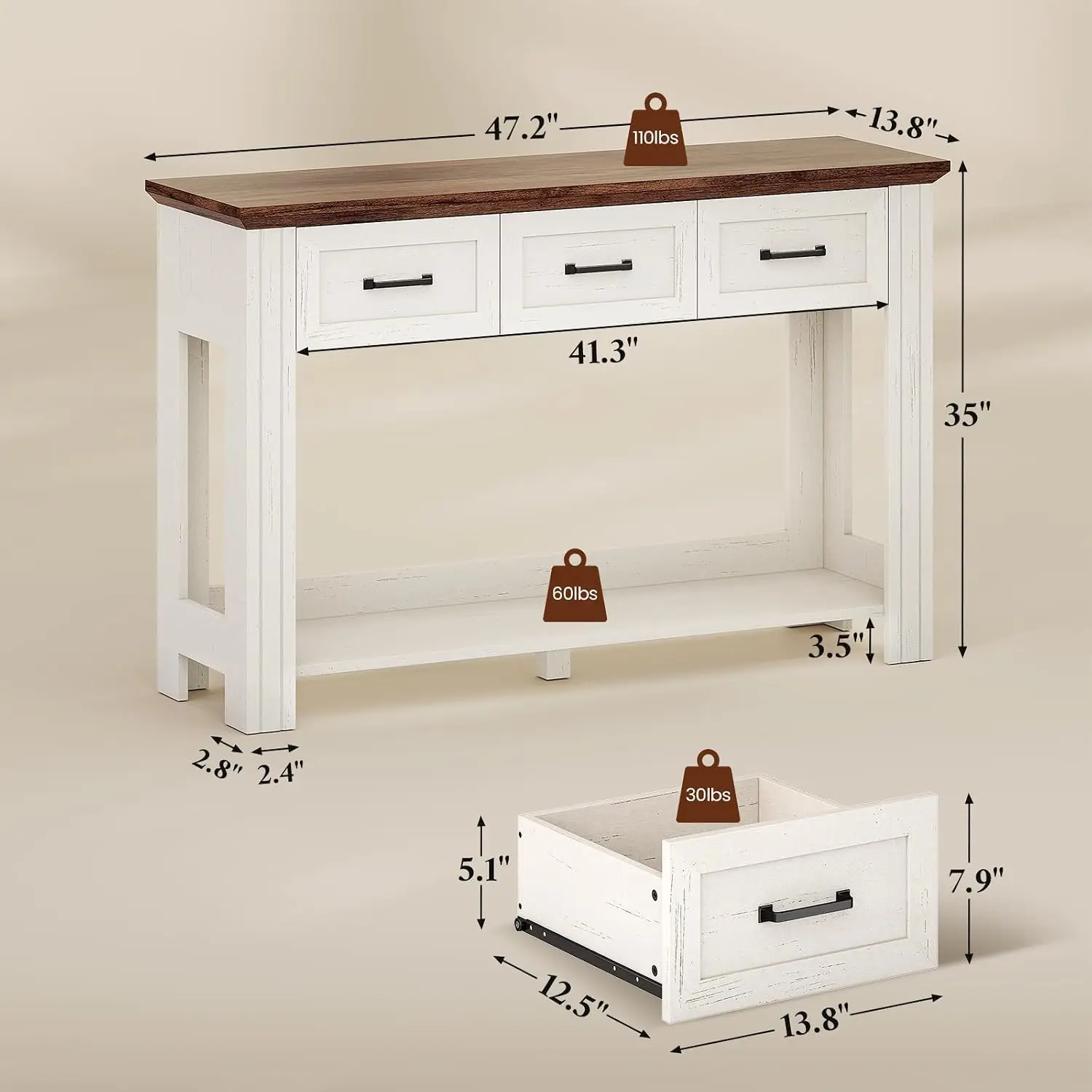 47" Farmhouse Console Table with 3 Drawers & Open Shelf, Rustic Entryway Sofa Table for Living Room & Hallway, Customized image 3