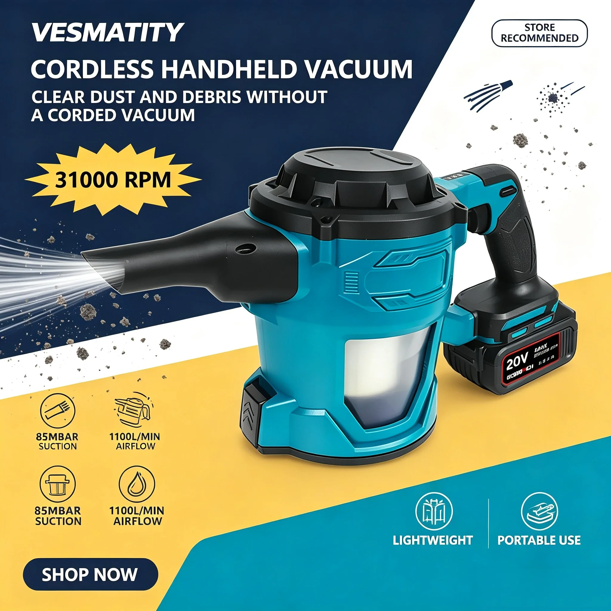 VESMATITY Cordless Brushless Vacuum Cleaner 85000Pa Powerful Suction Portable Vacuum Cleaner for home, car, No battery