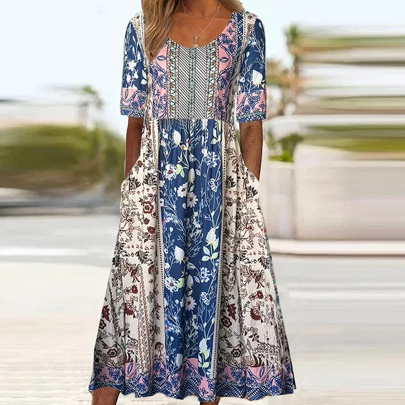 2024 Vintage Boho Stripe Print Women Sundress Summer Fashion V-Neck Short Sleeve Dress Elegant Ladies Midi Dress Femme Vestidos