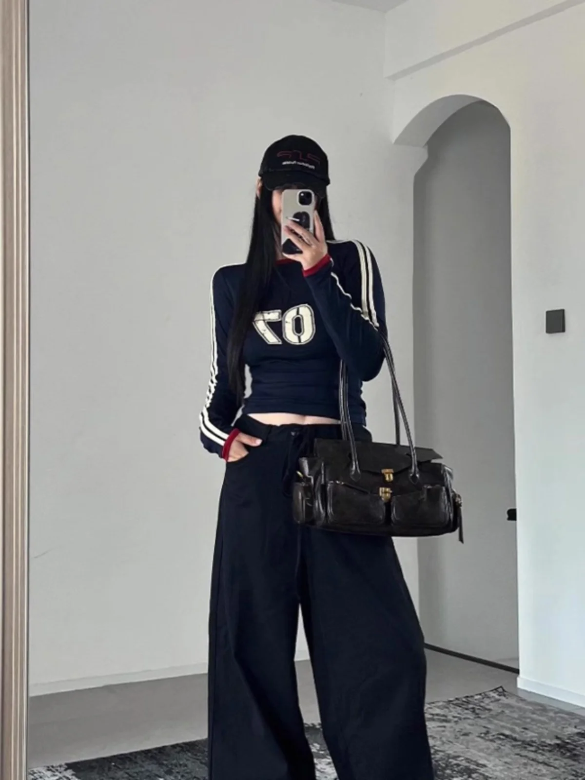 Retro American Blue Long Sve T-irt Women's Slim Fit Double Bar Color Blo Top for Early Autumn Korean Sle Commute